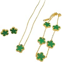 Five Leaf Lucky Clover Jewelry Set, Minimalist Creative Plant Flower Design Four leaf clover 18K Gold Plated Stainless Steel Pendant Necklace Earrings Bracelet Jewelry Set (3pcs green set v1)