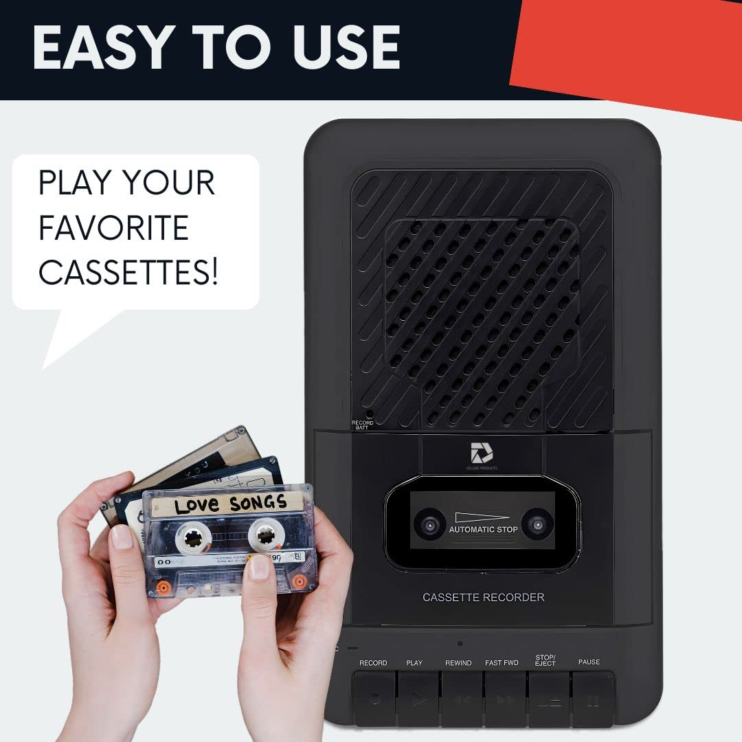 Deluxe Products Portable Cassette Player Tape Recorder. Record to Cassettes via Mic or Aux in. Built-in Speaker to Listen to Cassettes. Includes External Mic, Aux in Cable and AC Adapter