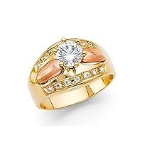 14k Yellow & Rose Gold Round CZ Wide Engagement Ring Anniversary Flower CZ Band Two Tone Solid, Size 6