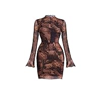 Dresses for Women - Floral & Figure Graphic Lettuce Trim Mock Neck Mesh Bodycon Dress