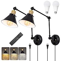 TRLIFE Dimmable Wall Sconce, Remote Control Plug in Wall Sconces Dimming 10%-100% and Adjustable Color Temperature 2700K-6000K, Swing Arm Wall Lights with Plug in Cord, UL Listed(2 Pack, 2 Bulbs)