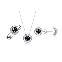 Halo Designer Matching Set 14K White Gold : Ring, Earring & Pendant Necklace. Gemstone & Diamonds, 4MM Birthstone; Sizes 5-10.