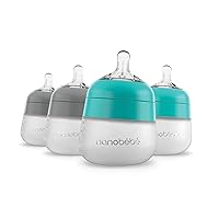 Nanobébé Flexy Silicone Baby Bottle, Anti-Colic, Natural Feel, Non-Collapsing Nipple, Non-Tip Stable Base, Easy to Clean 4-Pack, Grey/Teal, 5 oz