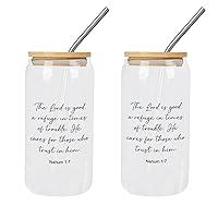 2 Pack Coffee Glass Cup with Lid And Straw The LORD Is Good, A Refuge in Times of Trouble Glass Cup Glass Tumbler Happy Mother's Day Cups For Juice Coffee Soda Drinks