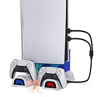 Vertical Stand for PS5 with Cooling Fan and Dual Controller Chargers, Cooling Stand for PS5 Console, Dual Controller Chargers, Adjustable Fans Speed, 10 Game Disc Storage, White