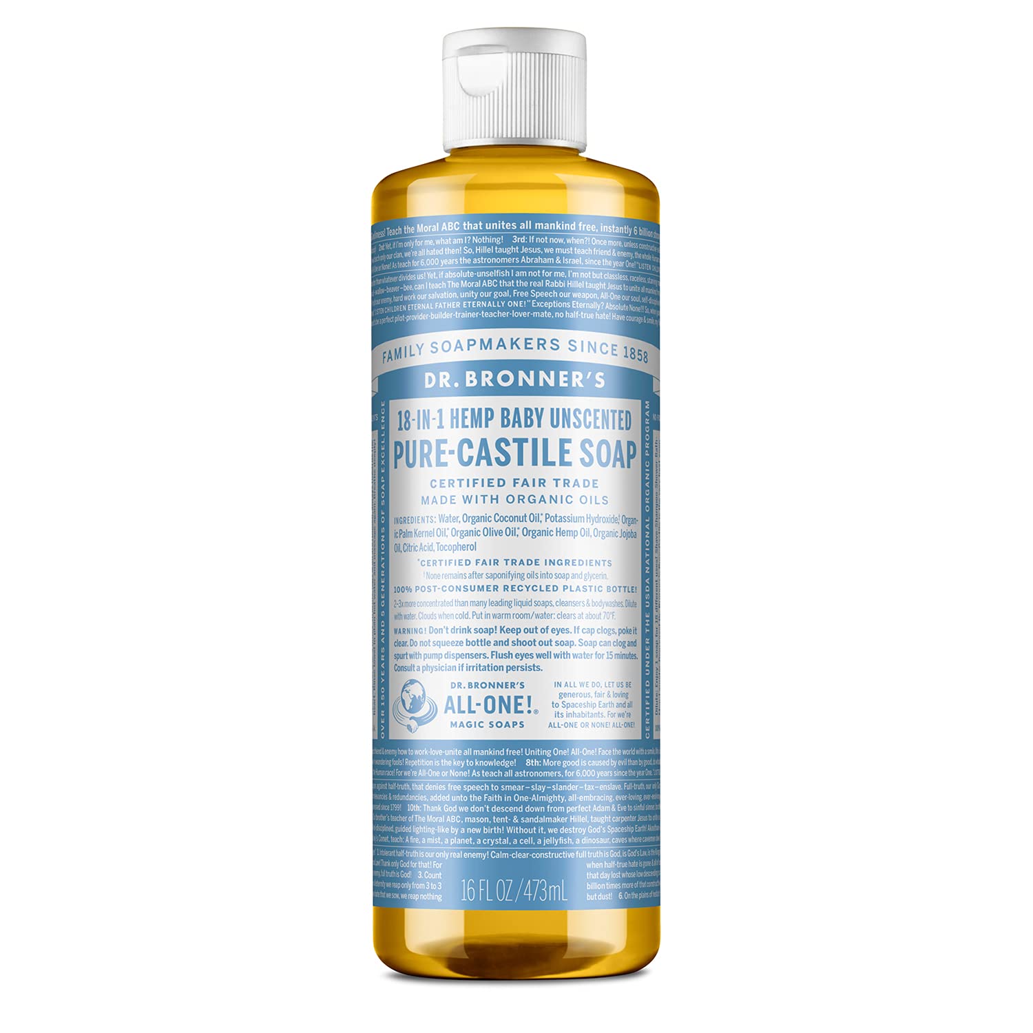 Dr. Bronner’s - Pure-Castile Liquid Soap (Baby Unscented, 16 Ounce) - Made with Organic Oils, 18-in-1 Uses: Face, Hair, Laundry & Dishes For Sensitive Skin & Babies, No Added Fragrance, Vegan, Non-GMO