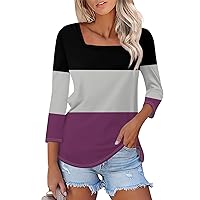 Womens 3/4 Sleeve Tops and Blouses Square Neck Stripe Printing Plus Sized Shirts 2024 Summer Ladies Blouse