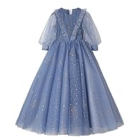 Spring and Summer Children's New Blue mid-Length-Sleeved Evening Dress,Girls' mesh Piano Princess Dress. (Blue Gray, s)