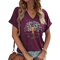 Woffccrd Womens V Neck T-Shirts Vintage Graphic Tees Sun and Moon Short Sleeve Vacation Funny Graphic Tee Tops