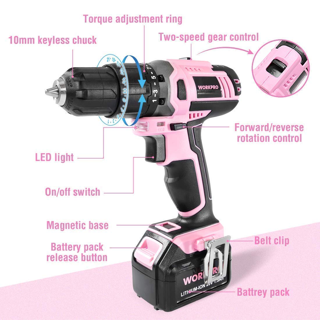 WORKPRO Pink Cordless 20V Lithium-ion Drill Driver Set (1.5Ah), 1 Battery, Charger and Storage Bag Included and Spare Charger for Replacement
