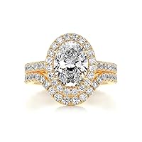 Solid Gold Handmade Engagement Rings 2 CT Oval Cut Moissanite Diamond Halo Bridal Wedding Ring Set for Anniversary Propose Gifts
