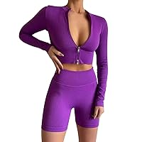 ABOCIW Workout Sets for Women 2 Piece Ribbed Long Sleeve Zip Up Jacket High Waist Biker Shorts Gym Yoga Outfits