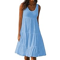 Women Fashion Layered Ruffle Babydoll Flowy Tank Dresses Summer High Waist Crewneck Sleeveless Solid A-Line Dress
