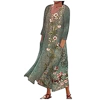 3/4 Sleeve Dresses for Women Summer Flowy Long Dress Casual Beach Sundresses Printed Boho Maxi Dresses with Pockets
