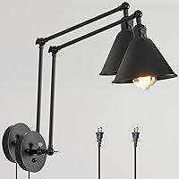 Swing Arm Wall Sconces Set of 2, Modern Industrail Plug in Wall Lamps with Cord, Adjustable Matte Black Wall Light with Mounted Light Fixtures for Bedside