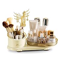 Rotating Makeup Organizer With Jewelry Stand Makeup Brush Holder Large Capacity Cosmetic Display Case For Skincare Products Cosmetic Brushes Lipsticks (Beige)