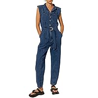 Yousify Women's Denim Jumpsuit 2024 Cap Sleeve Button Down Belted Rompers Straight Leg Jeans Long Pants with Pockets