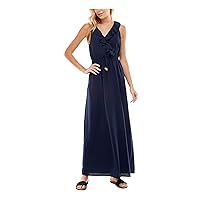 Womens Navy Ruffled Sheer Drawstring Pullover Unlined Sleeveless Surplice Neckline Maxi Wear to Work Fit + Flare Dress XXS, Blue