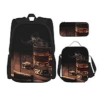 3 Pcs Cigar & Whiskey Print Backpack Sets Casual Daypack with Lunch Box Pencil Case for Women Men
