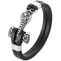 Stainless Steel Viking Thor's Hammer Mjolnir Celtic Knot Leather Bracelet,Mens Vintage Double Layer Wrap Wristband,Norse Pagan Scandinavian Jewelry (Size : 19.0 Centimetres)