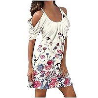 Womens Summer Dresses Casual Floral Butterfly Print Cold Shoulder Tshirt Dress Scoop Neck Short Sleeve T Shirt Dress Sundress