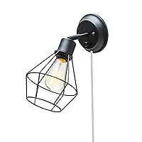 Globe Electric 65291 1-Light Plug-in or Hardwire Industrial Cage Wall Sconce, Matte Black Finish, On/Off Rotary Switch, 6ft Clear Cord, Wall Lights for Bedroom, Bulb Not Included