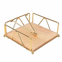 Metal Gold Napkin Holder for Table with Weight Arm - Flat Paper Napkins Holders for Kitchen Table with Wood Base, Farmhouse Paper Holder Dispenser for Cocktail, Bathroom, Party, Room Decor