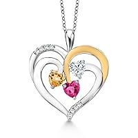 Gem Stone King 925 2-Tone Sterling Silver and White Yellow Citrine White Moissanite and Pink Created Sapphire Pendant Necklace For Women (1.48 Cttw, Heart Shape 5MM, 18 Inch Chain)