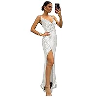 Womens Spaghetti Straps Sequin Prom Dresses Long V Neck Sparkly Lace Up Backless Evening Gowns with Slit