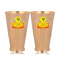 Heavy Gauge Line Design Pure Brass Glass - (2 Pieces Set, Big - 450 Ml Each Glass - No.18)