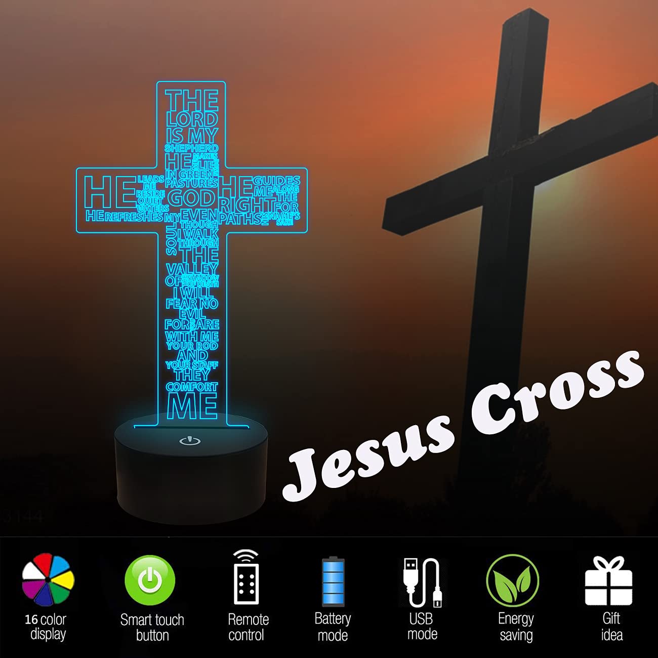 Jesus Cross 3D Night Light, Christ Optical Illusion Lights 16 Colors Change with Remote Control, The Lord Desk Lamps Room Home Decor Xmas Birthday Easter Gifts
