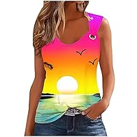 Women's Sunset Beach Palm Tree Tank Tops Sexy Hollow Out Sweet O Ring Camisole Summer Hawaiian Beach Tee Shirts