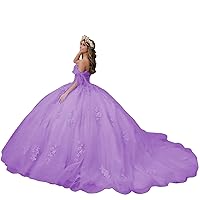 Women's Lace Quinceanera Dresses Ball Gown Off Shoulder Princess Prom Dresses with Train Puffy Sweet 16 Dresses