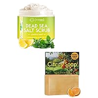 O Naturals Lemon and Mint Scrub & 1pc Citrus Soap Bundle - Exfoliating Lemon Oil Dead Sea Salt Deep-Cleansing Face & Body Scrub, Organic & Natural Soap for Men & Women, Citrus Mens Soap