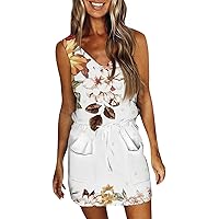 Women's Wedding Guest Dresses Summer Fashion Casual Printed V-Neck Sleeveless Dress with Pockets, S-2XL