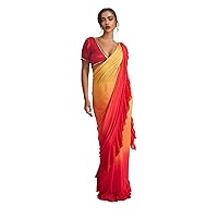 Indian shaded Yellow & red Georgette Party Wear Sari Blouse Woman Ruflle Saree