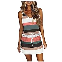 Womens Summer Dresses 2024 Drawstring Waist Spaghetti Strap Casual Beach Dress Striped V Neck Front Pockets Sundress