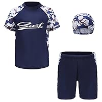 Boys 3Pcs Short Sleeve Rash Guard Beachwear Swim Shirt Shorts Hat Sets Surfing Swimsuits