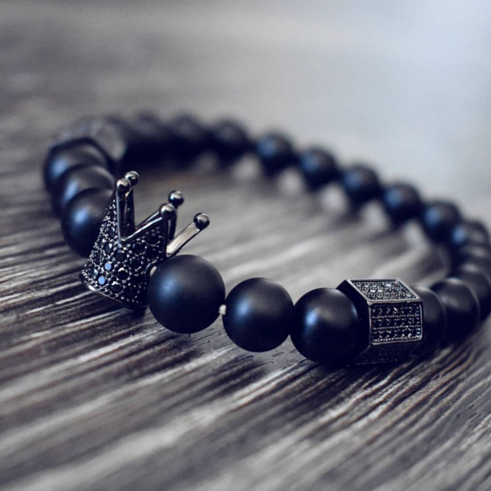 SEVENSTONE 8mm Crown King Charm Bracelet for Men Women Black Matte Onyx Stone Beads