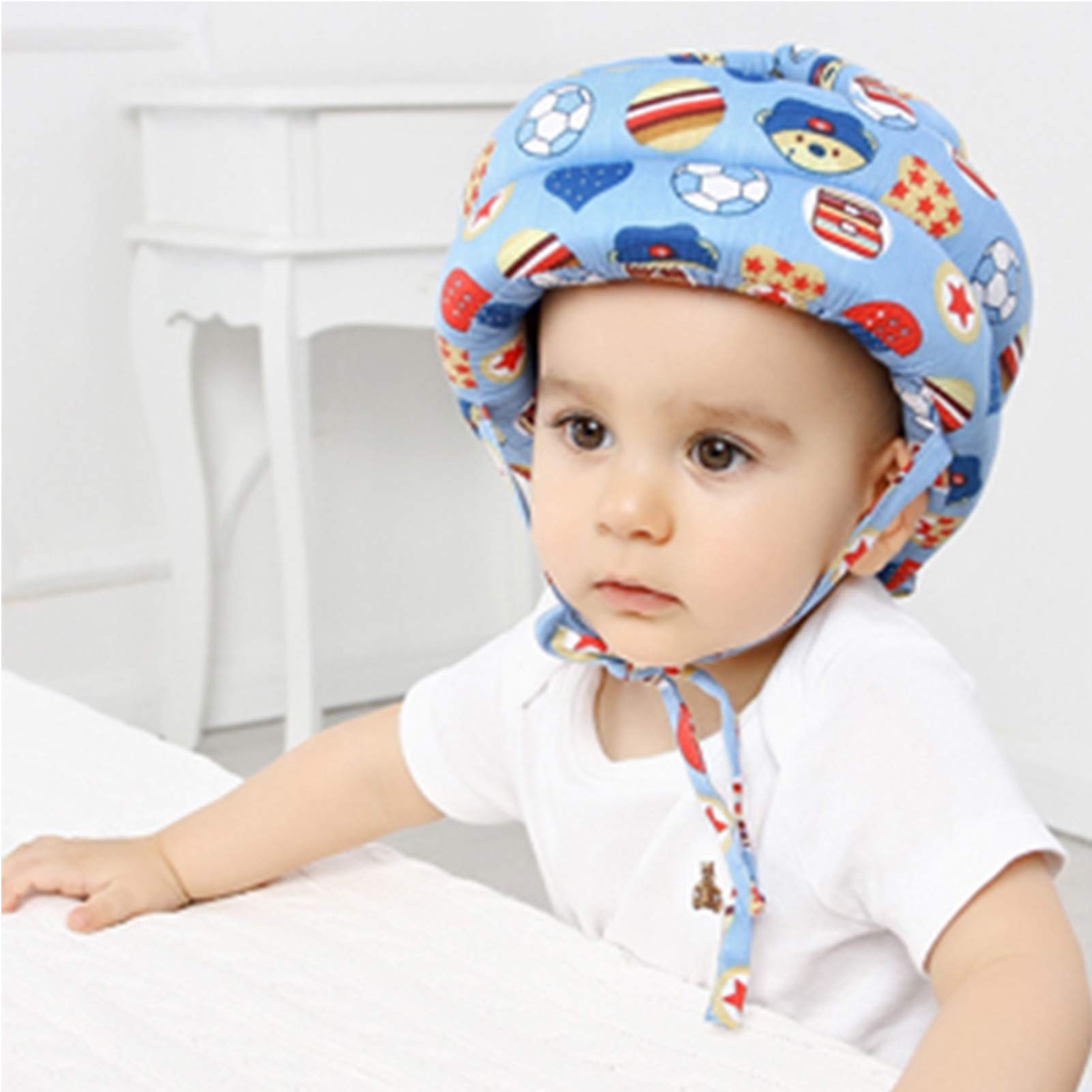 IULONEE Baby Infant Toddler Helmet No Bump Safety Head Cushion Bumper Bonnet Adjustable Protective Cap Child Safety Headguard Hat for Running Walking Crawling Safety Helmet for Kid (Blue Ball)