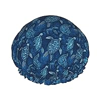 Sea Turtle-Blue Print Shower Cap Double Layer Waterproof Bath Cap Elastic Reusable Shower Hat For Women Ladies Spa Salon
