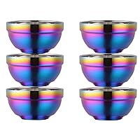 Rainbow Bowl Set of 6, 304 Stainless Steel Dinnerware Metal Double-walled Insulated Cereal Bowls for Eating Kitchen, Dishwasher Safe and Unbreakable