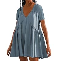 Women Oversized T Shirt Dress Summer V Neck Tunic Dresses Short Sleeve Solid Pleated Swing Mini Sundress Trendy Casual Dress