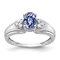 Solid 14k White Gold 7x5mm Oval Tanzanite Blue December Gemstone VS Diamond Engagement Ring (.072 cttw.)