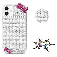 STENES Sparkle Phone Case Compatible with Samsung Galaxy S21 Ultra Case - Stylish - 3D Handmade Bling Pearl Bowknot Rhinestone Crystal Diamond Design Cover Case - White