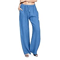 Womens Linen Pants High Waisted Casual Pants Straight Leg Drawstring Pants with Pockets Summer Beach Palazzo Pants Trousers