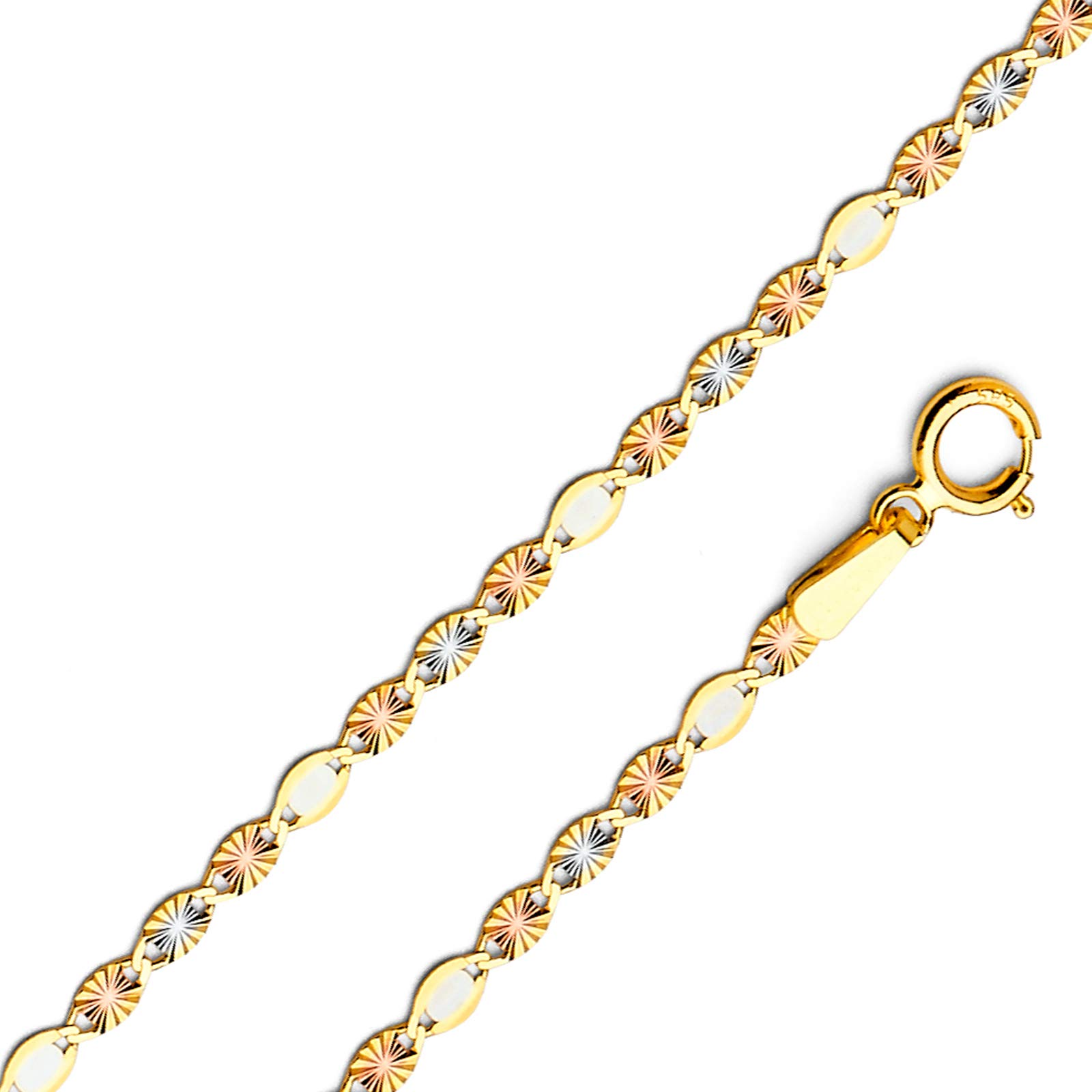 TGDJ 14k Tri Color Gold Solid 2mm Flat Valentino Star Diamond Cut Chain Necklace with Spring Ring Clasp