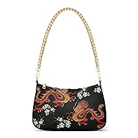 Shoulder Bags for Women Embroidery Colorful Floral Pattern with Chinese Japanese Dragons Hobo Tote Handbag Small Clutch Purse with Zipper Closure
