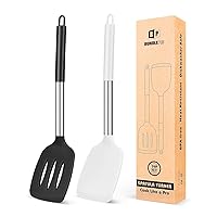Pack of 2 Silicone Solid Turner,Non Stick Slotted Kitchen Spatulas,High Heat Resistant BPA Free Cooking Utensils,Ideal Cookware for Fish,Eggs,Pancakes (Black+White)