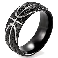 Men's 8mm Black Domed Titanium Ring with Hammered Basketball Pattern